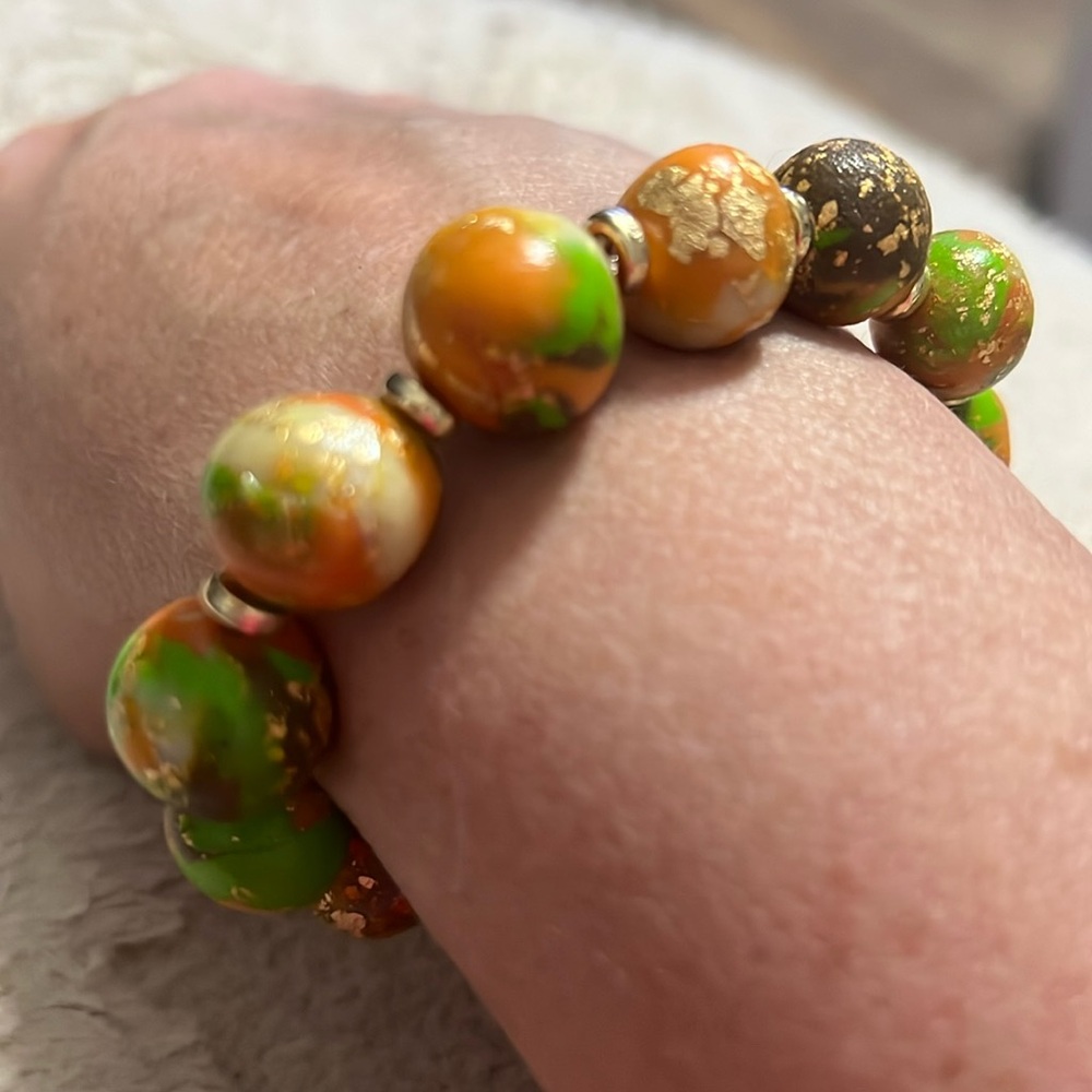 7 inch custom homemade polymer clay bead bracelet.
